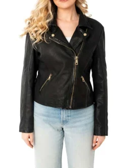 Veste perfecto en cuir de mouton noire à coupe droite avec un col tailleur