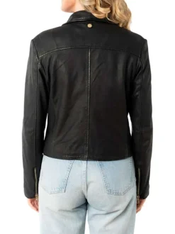 Veste perfecto en cuir de mouton noire à coupe droite avec un col tailleur