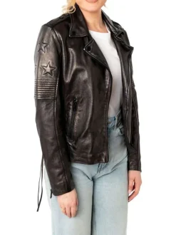 Veste perfecto en cuir de mouton noire à coupe droite et motifs étoiles