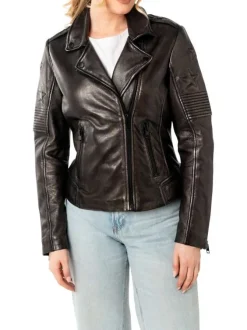 Veste perfecto en cuir de mouton noire à coupe droite et motifs étoiles