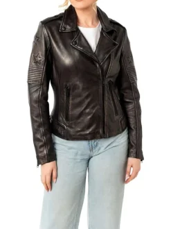 Veste perfecto en cuir de mouton noire à coupe droite et motifs étoiles