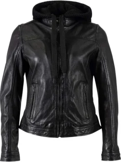 Veste perfecto en cuir de mouton noire unie pourvue d'une capuche