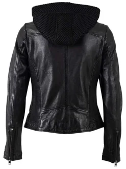 Veste perfecto en cuir de mouton noire unie pourvue d'une capuche