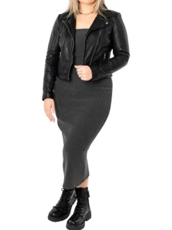 Veste perfecto en cuir de mouton noire unie pourvue d'une coupe ajustée