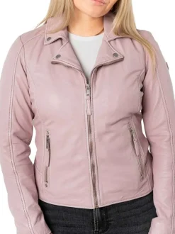Veste perfecto en cuir de mouton rose unie pourvue d'un col à revers