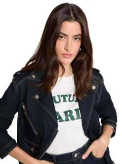 Veste perfecto indigo unie avec une coupe droite et un col à revers