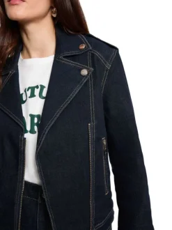 Veste perfecto indigo unie avec une coupe droite et un col à revers