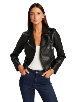 Veste perfecto noire unie avec une coupe droite et des poches