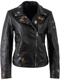 Veste perfecto noire unie en cuir de mouton pourvue d'un col à revers