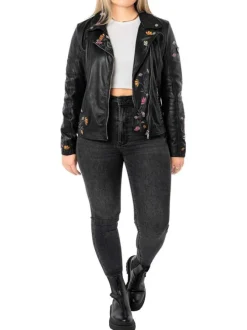 Veste perfecto noire unie en cuir de mouton pourvue d'un col à revers
