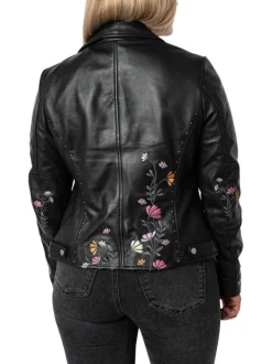 Veste perfecto noire unie en cuir de mouton pourvue d'un col à revers