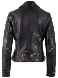 Veste perfecto noire unie en cuir de mouton pourvue d'un col à revers