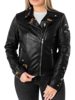 Veste perfecto noire unie en cuir de mouton pourvue d'un col à revers