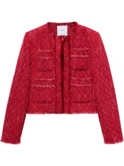 Veste rouge en tweed courte avec un col rond et des détails effilochés