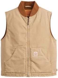 Veste sans manches en coton beige unie avec un col bomber et des grandes poches