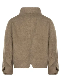Veste taupe uni coupe ajustée pourvue d'un col montant et de manches longues
