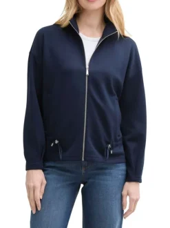 Veste zippée bleue marine unie à col montant avec des cordons à la taille